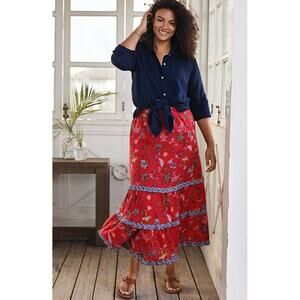 J Jill Women Tiered Ruffle Maxi Skirt Size Large Red Floral Elastic Waist Cotton